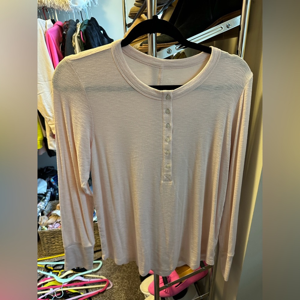 Aerie Waffle Knit Long Sleeve Henley. Light pink.